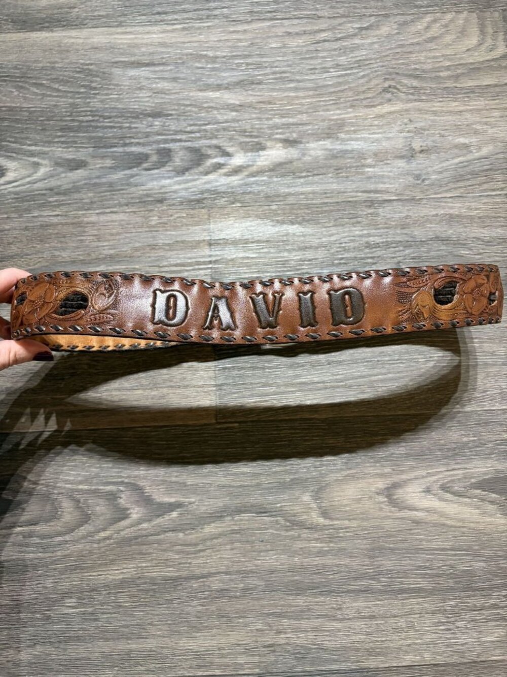 VTG Personalized Belt David Size 34 Western Tooled Cutout Leather USA Handmade